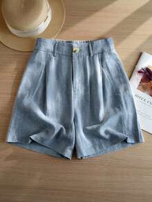 Women's Casual Linen Blend Pleated Design Side Pocket A-Line Shorts, Spring/Summer - Dusty Blue - View 3