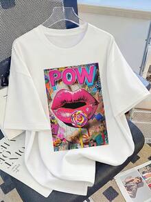 Women's Y2K Retro POW Pop Art Style Lips & Lollipop T-Shirt - Vintage Short Sleeve Crew Neck Top With Comic Graffiti, Not Suitable For Spring, Summer & Autumn Casual Wear, Machine Washable Streetwear Blouse - 白色 - 查看 1