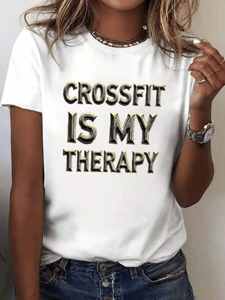 Women's T-Shirt | "Is My Therapy" Print T-Shirt, Casual Crew Neck, Short Sleeve, Comfortable, Loose Fit | Strong Pattern, Stretch Fabric | Women's Blouses > Clothing - 白色 - 查看 1