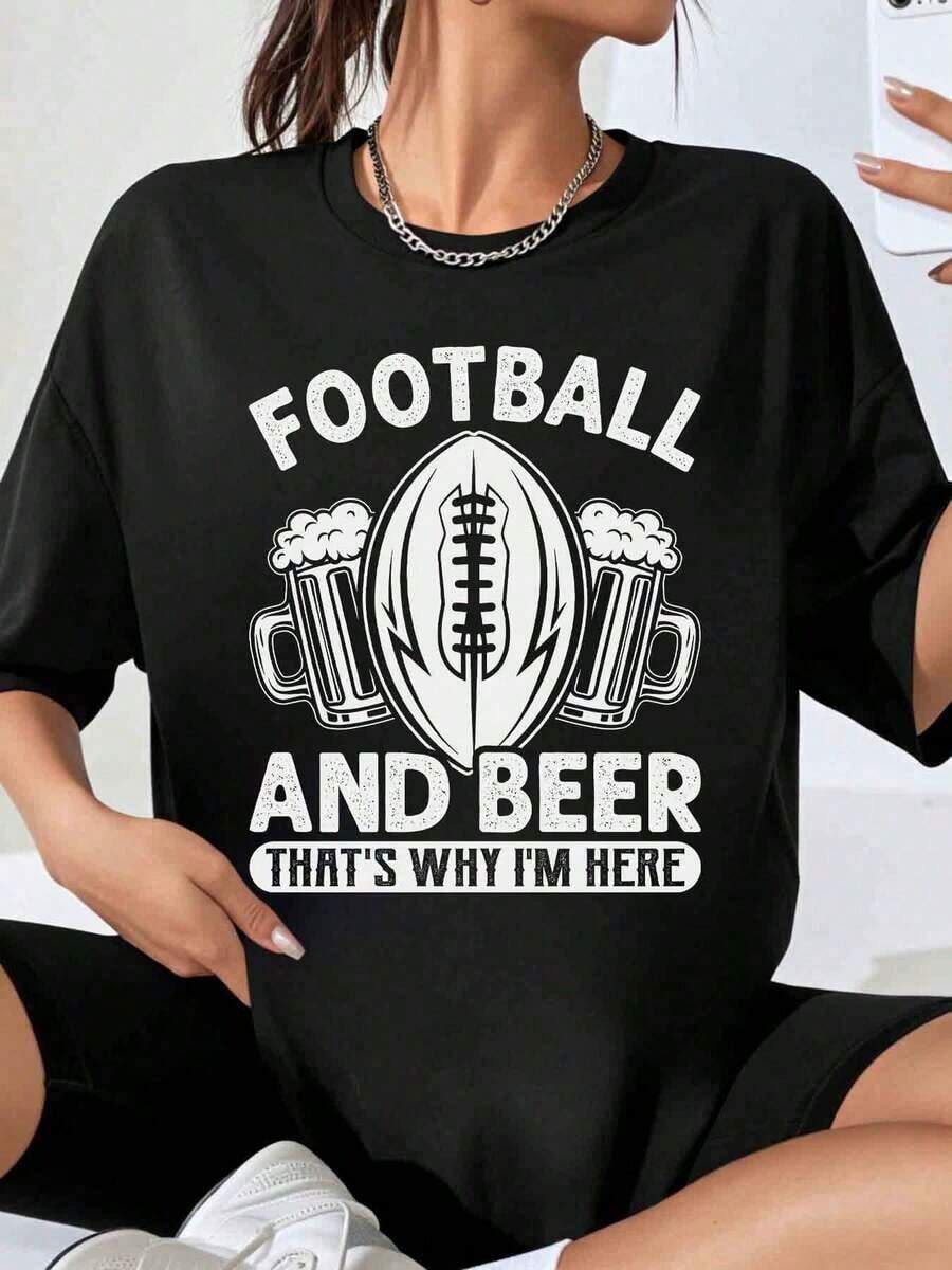 Football And Beer, That's Why I'm Here, Men's And Women's T-Shirt, Plus Size Graphic Tee, Casual Top For Match Day, Parties And Weekend - 黑色 - 查看 1