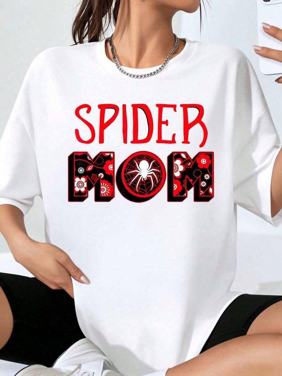 Spider Mom Women's Plus Size White T-Shirt With Spiderweb And Flower Graphic Design, Casual Summer Style, Ideal As A Mother's Day Gift - 白色 - 查看 1