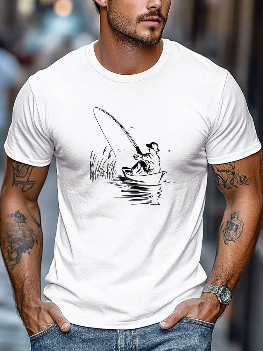 Herren Sommer T-Shirt, Streetwear, Herren T-Shirt, locker und lässig, bequem und vielseitig, Herren Small Boot Angler Grafik Sommer lässiges Rundhals Kurzarm T-Shirt - Weiss - Übersicht 1