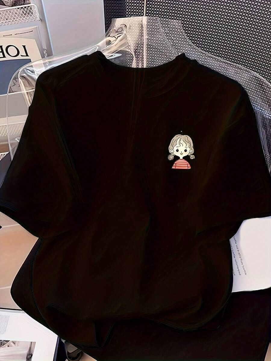 Camiseta de verano de algodón puro, holgada, de cuello redondo, versátil, cómoda y casual para mujer, juvenil y a la moda, blusa de manga corta para uso diario. - Negro - Ver 1