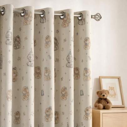 Cute Puppy Pattern Window Curtain, 1 Piece, Metal Grommet, Soft Light Filtering For Baby And Child's Room