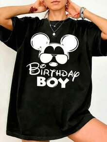 Women's Casual Cotton T-Shirt, Round Neck, Short Sleeve, With 'Birthday Boy' Print - màu đen - Xem 1