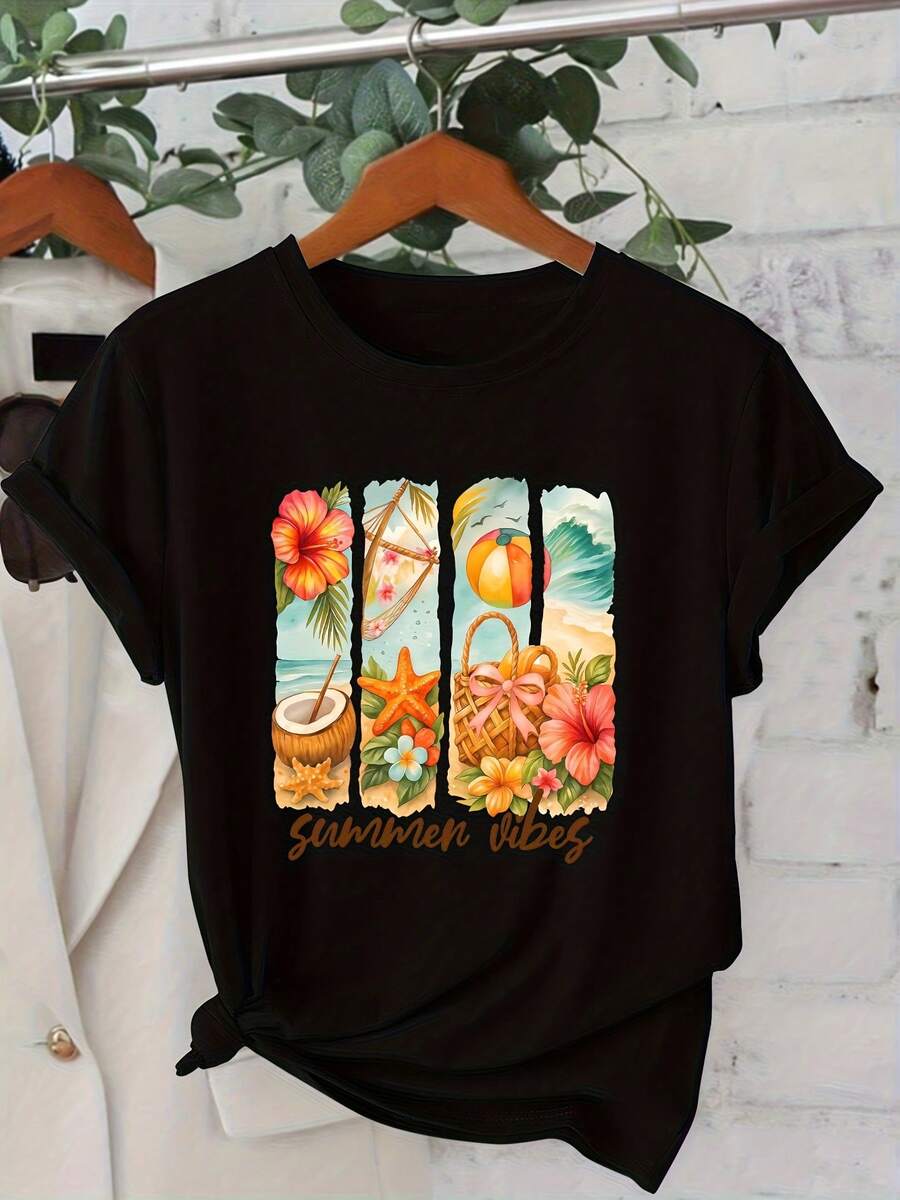 Women's Short Sleeve Series "Summer Vibes" Tropical Beach Style Summer Print Round Neck Casual Daily Fashion Vintage Style Autumn Winter Casual Cool Cute Elegant Sports Top Round Neck Sizes S-XXL - 黑色 - 查看 1