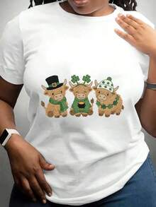 Women's T-Shirt, Cow Print T-Shirt For St. Patrick's Day, Cartoon Animal Design, Festive Clothing, New Arrivals, Gifts For Women - 白色 - 查看 7