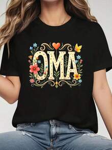 Women's Casual Short Sleeve Crew Neck T-Shirt With 'OMA' Butterfly Floral Print, For Daily Gatherings And Family Occasions. Suitable As A Gift. Women's T-Shirt. Elegant Blouses. Boho Chic. Soft, Breathable, And Comfortable Women's Top, Ideal For Spring, Summer, And Autumn, Perfect For Vacations, Travel, And Everyday Wear. - 黑色 - 查看 1