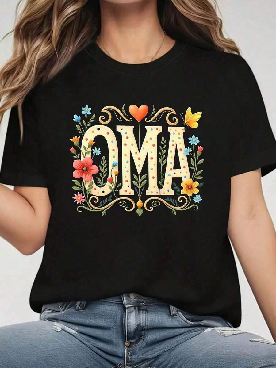 Women's Casual Short Sleeve Crew Neck T-Shirt With 'OMA' Butterfly Floral Print, For Daily Gatherings And Family Occasions. Suitable As A Gift. Women's T-Shirt. Elegant Blouses. Boho Chic. Soft, Breathable, And Comfortable Women's Top, Ideal For Spring, Summer, And Autumn, Perfect For Vacations, Travel, And Everyday Wear. - 黑色 - 查看 1