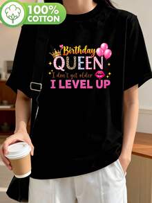 Women's Casual Short-Sleeved Sports T-Shirt, Round Neck, Pure Cotton Fabric, Suitable For Individual Y2K Style Prints,  And Unique "Birthday Queen" Print Short-Sleeved T-Shirt, Ideal For Daily Meetings And Birthday Parties, Available In Black And White, Five Sizes, Suitable For All Seasons, Machine Washable, Casual Sports Style, Suitable For Fitness Wear. Elegant Party Outfit, T-Shirt For Elegant Ladies, Blouses Suitable For Curvy Women, Casual Wear, Cool And Sweat-Free Summer Wear, Fun Letter Print. - 黑色 - 查看 6