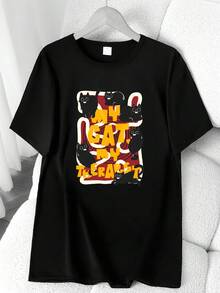 Black Cat Print T-Shirt. Available In 6 Colors, Short Sleeves, Round Neck, High Elasticity, Casual Sporty Style. Machine Washable. Suitable For Spring And Summer. Can Be Worn In All Seasons. Women's Clothing. Elegant Party Outfit, T-Shirt For Elegant Ladies, Blouses Suitable For Curvy Women, Casual Wear, Cool And Sweat-Free Summer Wear, Fun Letter Print. - 黑色 - 查看 6