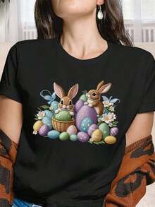 1 Piece Women's T-Shirt With Easter Bunny Embroidery, Colorful Eggs And Spring Flowers, Cotton Style, High Quality Fabric, Soft And Comfortable For Outdoor Use, Home Or Workouts, Perfect Gift Option, 180g 100% Cotton. - 黑色 - 查看 12
