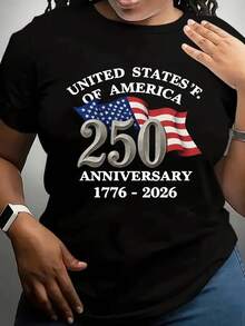 Women's Short Sleeve T-Shirt, 250th Anniversary Of Independence, Flag Print T-Shirt, Casual Black Round Neck T-Shirt, Elastic, Machine Washable, Suitable For Sports And Leisure In Spring/Summer/Autumn. - 黑色 - 查看 6