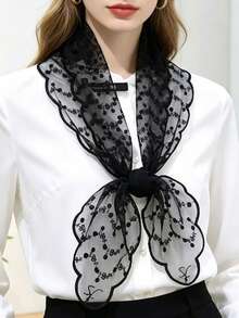 1 pieza Chal de encaje floral para mujer, diseño elegante de malla transparente con bordado de volantes, adecuado para blusas y uso diario - Bordado con borde ondulado - Ver 2