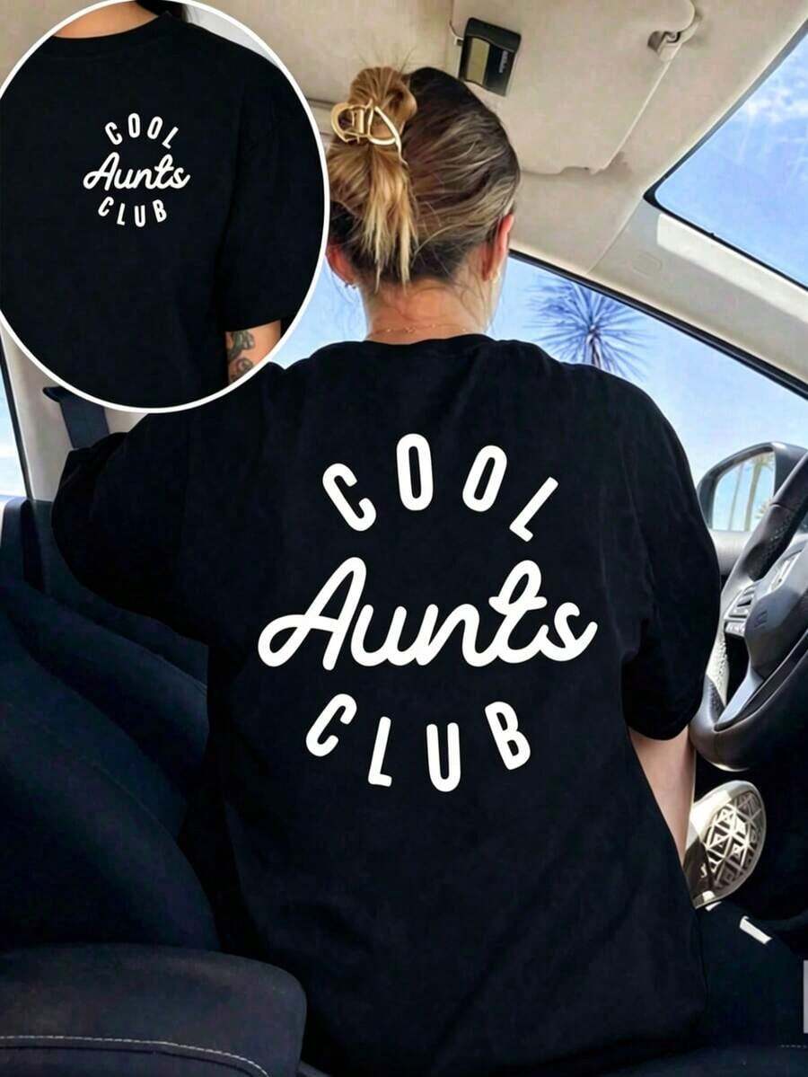Camiseta de manga corta para mujer con estampado Cool Aunt'S Club | Camiseta casual blanca de cuello redondo, elástica, lavable a máquina, adecuada para primavera/verano/otoño. - Negro - Ver 1