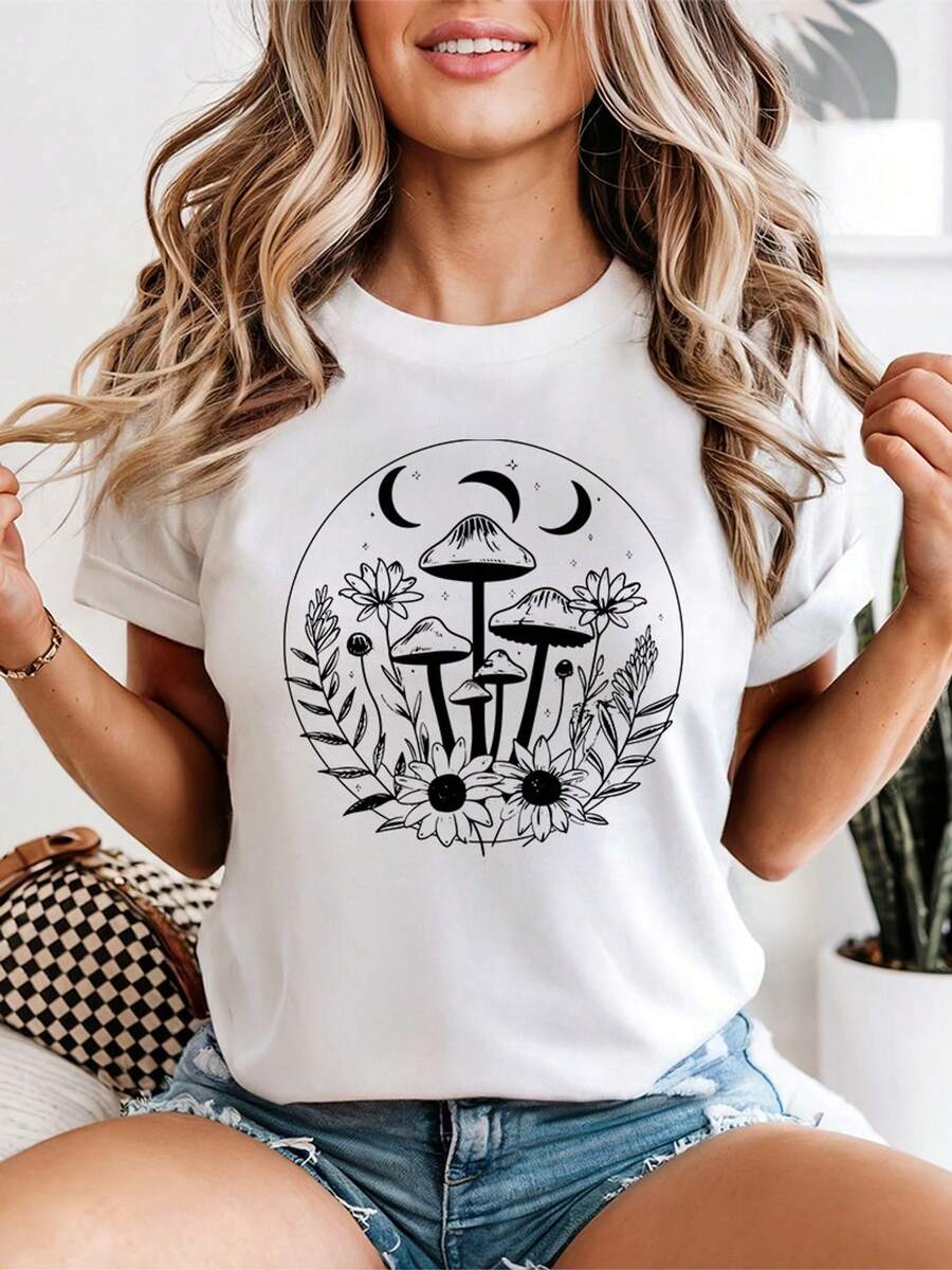 Women's Celestial Mushroom T-Shirt, Moon Phases And Wildflower Graphic Print, Cottagecore Witchy Bohemian Style Casual Top - 白色 - 查看 1