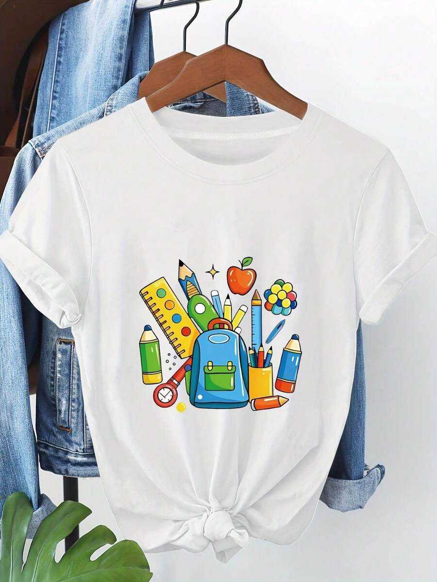 Women's T-Shirts: Vibrant Campus Stationery, Cartoon Backpacks, Pencils, And Apple Designs Printed On Women's Short-Sleeved Crew Neck T-Shirts, Perfect For Spring And Summer. Women's Going-Out T-Shirts. - 白色 - 查看 1