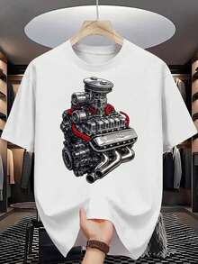 Men's T-Shirt With A V8 Engine Print, High-Quality HD Print, Durable, Casual And Stylish. Suitable For Parties, Everyday Wear, Perfect For Vacations, Playtime, Ideal For Parties, Family Holidays, Back To School, Outings, Urban Style, Modern Fashion, Casual Summer Wear, Warm Weather Clothing. - 白色 - 查看 7