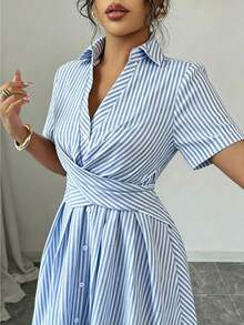 Women's Summer Shirt Dress, V-Neck, Raglan Sleeves, Crossover Waist Tie, Pink Stripes - 白色 - 查看 3