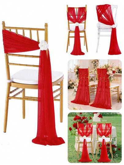 10PCS Elegant Red Chiffon Chair Belt Set Corridor Wedding Chair Back Decoration Church Chiffon Banquet Ceremony Reception Chair Set Photography Props Birthday Party Home Decoration