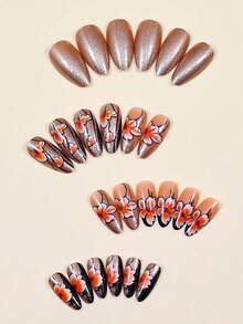 Brown Flowers Press On Nails Medium Square Fake Nails With Gold Charm Floral Design False Nails Autumn And Winter Floral Leaves Stick On Nails For Women Girls Nail Decoration 24Pcs - Multicolor - View 3