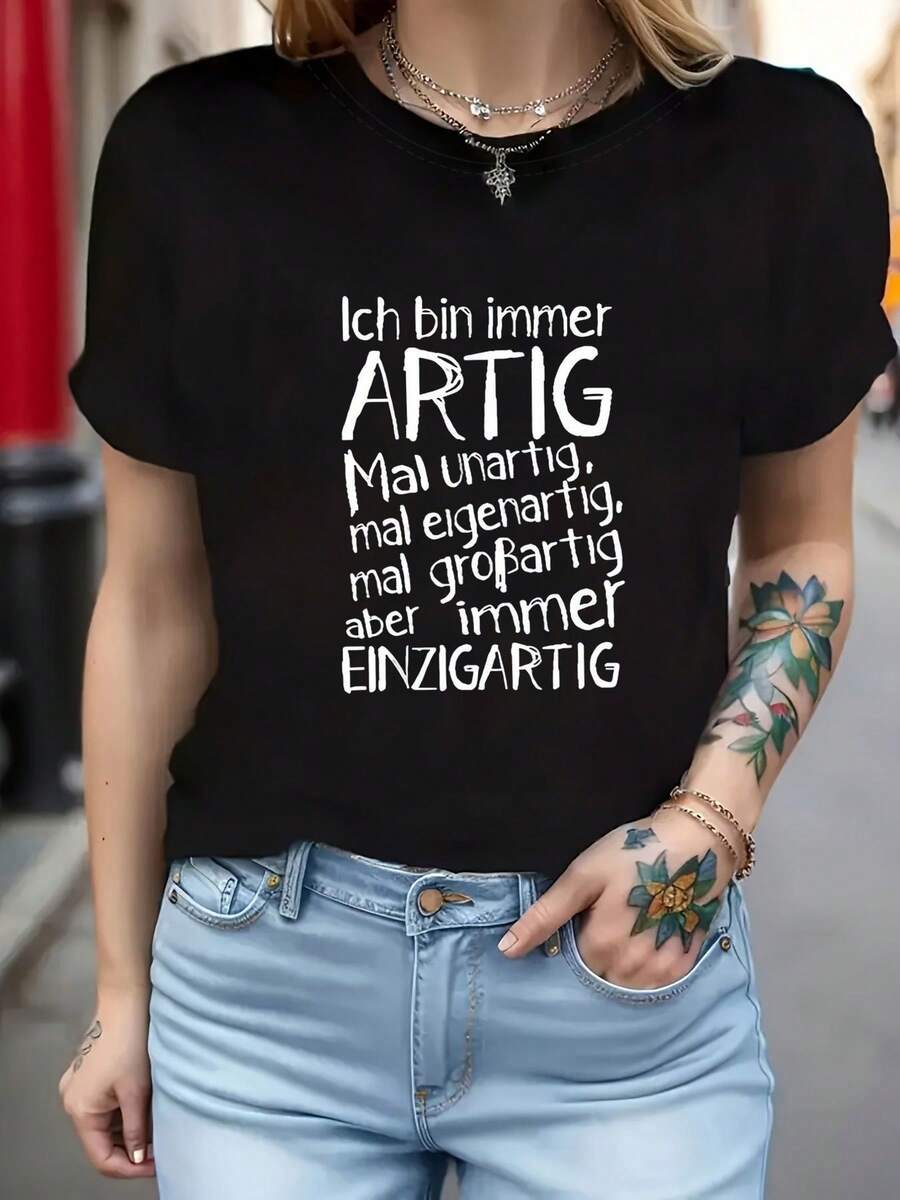 Women's T-Shirt With The German Phrase: "I Am Always Productive." Short-Sleeved T-Shirt With A Round Neck And German Lettering Print, Casual Blouse For Spring And Summer, Machine Washable, German Text Suitable For Casual Spring And Summer Outfits. Casual Women's Printed T-Shirt, Short-Sleeved, Round Neck, Local Urban Fashion For Spring/Summer. - 黑色 - 查看 1