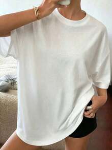 Camiseta de punto casual para mujer con hombros caídos, manga corta y cuello redondo, con estampado gráfico 'Be Happy Lift Heavy' - Fácil de usar, fácil de lavar, fácil de mantener. - Blanco - Ver 4