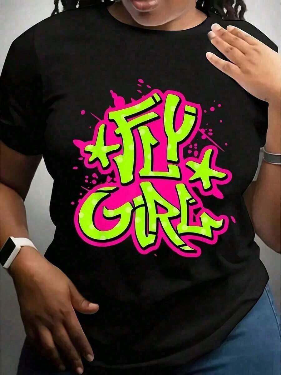 1 Piece Of Women's 80s And 90s Retro Graphic T-Shirt, Hip Hop Fly Girl Style, Neon Pink And Black Graffiti Print, B-Girl Dance Crew Style, Casual Long Sleeve Crew Neck T-Shirt For Breakdance Events And Casual Wear, 220g, Soft And Stylish, Suitable For Parties. - 黑色 - 查看 1