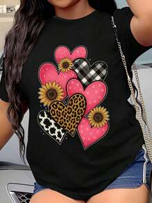 Women's T-Shirt With Heart, Sunflower, And Leopard Print, Casual Black Summer T-Shirt For Women, Valentine's Day Gift, Wearable Art, Fashion Statement - 黑色 - 查看 1