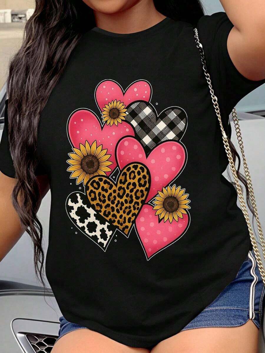Women's T-Shirt With Heart, Sunflower, And Leopard Print, Casual Black Summer T-Shirt For Women, Valentine's Day Gift, Wearable Art, Fashion Statement - 黑色 - 查看 1
