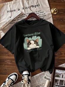 Cute Cat T-Shirt With "Feature Film" Text, Fashionable Short-Sleeved T-Shirt For Spring And Summer 2026, Made In Mexico, 180 Grams. Cartoon Print, Couple Design, Suitable For Indoor Or Outdoor Wear. Crew Neck, Unisex, Ideal For Office And Leisure. One-Pack. - BK-P631577SLNDXZGY609 - 查看 4