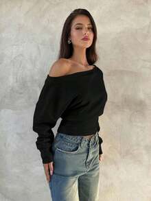 Blusa Asimétrica de Hombro de Manga Larga de 95% Algodón Tejido, Blusa Versátil Negra, Armario de Otoño; Simple, Elegante; Cómoda, Chic. - Negro 2 - Ver 4