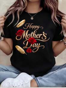 Women's Printed T-Shirt - Casual Short Sleeve Crew Neck T-Shirt In Black With Floral Design Happy Mother's Day, Relaxed Fit For All Seasons, Perfect For Daily Wear And Holiday Outfits (Machine Washable). - 黑色 - 查看 1