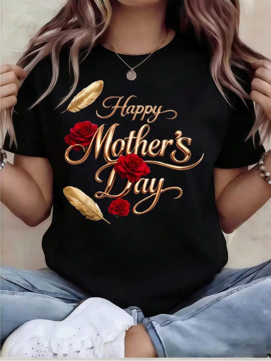 Women's Printed T-Shirt - Casual Short Sleeve Crew Neck T-Shirt In Black With Floral Design Happy Mother's Day, Relaxed Fit For All Seasons, Perfect For Daily Wear And Holiday Outfits (Machine Washable). - 黑色 - 查看 1