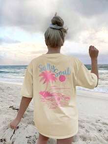 SALTY SOUL Women's Summer T-Shirt 2026, New Spring/Summer Collection, Coconut And Sun Print, Round Neck, Short Sleeve, Casual, Versatile, Essential Garment For Everyday Wear And Vacations. Women's Vacation Print T-Shirt, Loose And Comfortable, Summer Tops - 杏子 3 - 查看 6