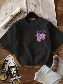 | Exquisite Design | Loose And Comfortable | Easy To Match | [Double-Sided Print] Women's Casual Summer T-Shirt, Cool Style, Floral And Leaf Print, Simple Print, Round Neck, Pure Cotton Short-Sleeve T-Shirt. - 黑色 - 查看 1