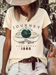 Women's Vintage T-Shirt With 1980s "Journey Departure" Print, Casual Style, Short Sleeve, New Summer And Autumn Collection, Comfortable, Round Neck, Unisex, Suitable For Casual Daily Outings, Short Sleeve Summer Top, Retro T-Shirt With Y2K Print. - 杏色 - 查看 4