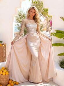 Romagic Gaun Bridesmaid Elegan dengan Desain Ekor Panjang dan Hiasan Payet - Sampanye - View 1