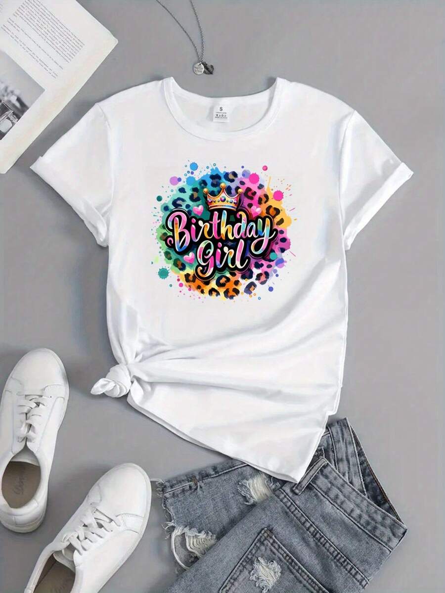 Women's T-Shirt, 1 Piece, Casual Sports T-Shirt For Women With Happy Birthday Print And Festive Motifs, Round Neck, Short Sleeve. - 白色 - 查看 1