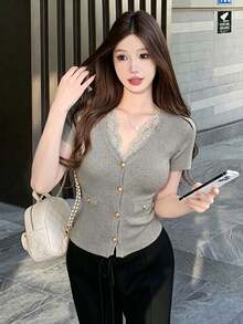 Spring/Summer Sexy Lace Patchwork V-Neck Metal Button Short Sleeve Cardigan, Elegant Knit Top - Gray - View 4