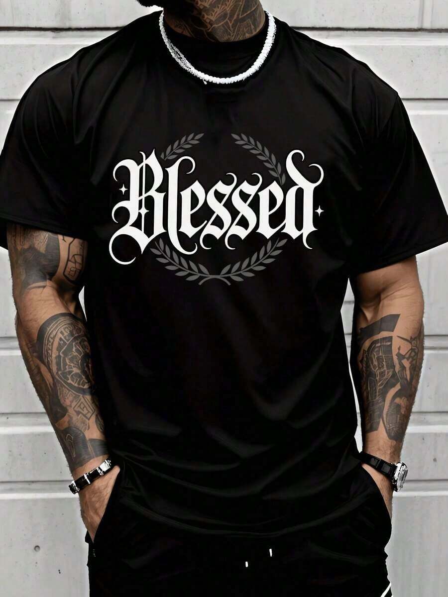 Camiseta Casual de Moda para Hombre con Diseño de Letras Bendecidas y Corona para Estilo Urbano - Negro - Ver 1