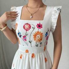 Vestido casual de vacaciones con estampado floral, sin mangas, cuello cuadrado, cintura ceñida y volantes en el bajo, adecuado para carnaval, Día del Trabajo, Pascua, vuelta al colegio, Día del Maestro, estudiante, campus, viaje, verano - Multicolor - Ver 7