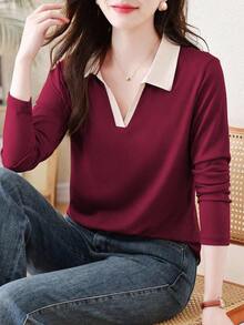 Camiseta de manga larga con cuello de polo para mujer, prenda exterior de moda, jersey informal de primavera, 2025 Nuevo otoño - Rojo - Ver 3