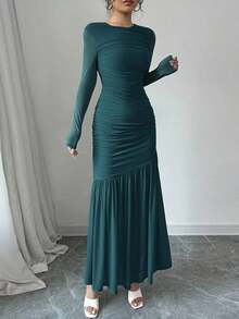 Vestido largo de manga larga con cuello redondo y malla para mujer, vestido casual de otoño.Adecuado para ropa de otoño, atuendo de regreso a clases, atuendo de maestro - Agua verde azul - Ver 3