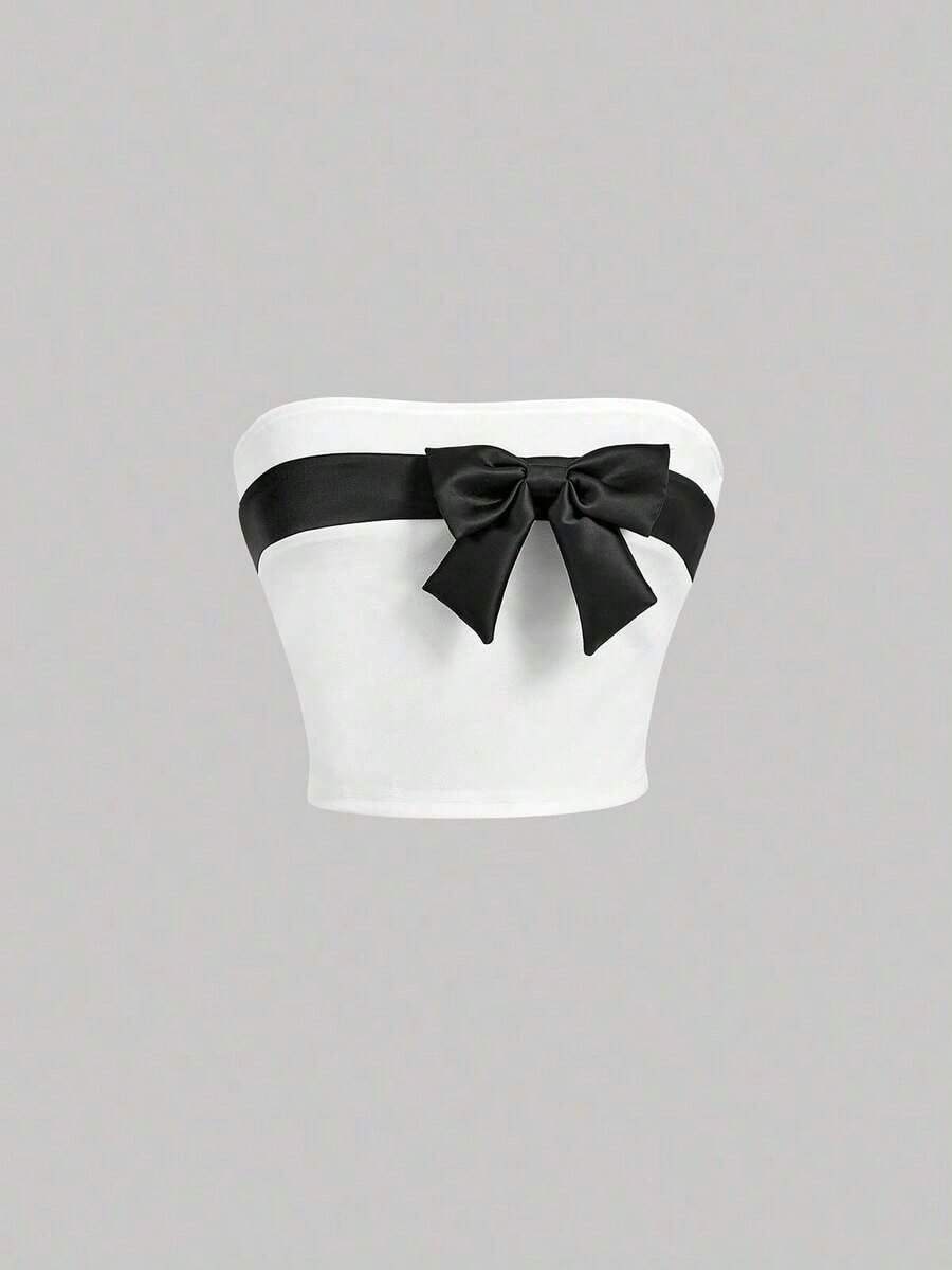 Top tubo ajustado de corte corto con lazo al frente, top sin tirantes de ajuste regular con bloqueo de color negro para dama, atuendos de fiesta/discoteca para primavera/verano - Blanco - Ver 1