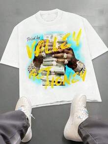 Camisetas Hip Hop para Hombre, Estampado "Valley Get Money", 100% Algodón, Cuello Redondo, Manga Corta, Ropa Urbana Y2K, Estampado Digital, Corte Holgado, Tallas Grandes y Altas, Para Hombres - Blanco - Ver 1