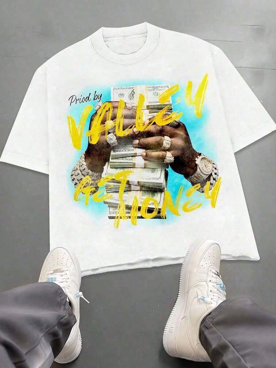 Camisetas Hip Hop para Hombre, Estampado "Valley Get Money", 100% Algodón, Cuello Redondo, Manga Corta, Ropa Urbana Y2K, Estampado Digital, Corte Holgado, Tallas Grandes y Altas, Para Hombres - Blanco - Ver 1