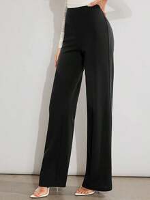Pantalones de pierna ancha unicolor de talle alto - Negro - Ver 4