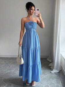 Vestido de playa largo a rayas con decoración de flores 3D para mujeres, Verano 2025 - Azul y blanco - Ver 1