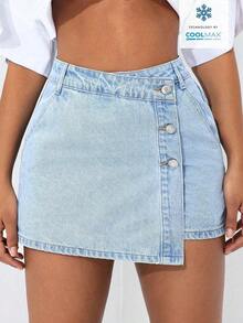 PETITE Short vaquero sexy con bolsillo frontal, cruce de cintura y abotonado para mujer - Lavado ligero - Ver 1